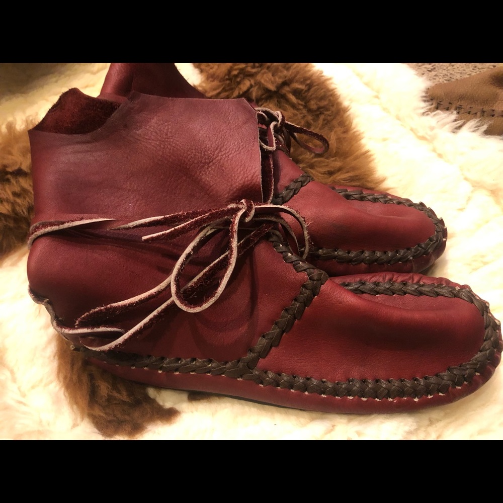 Deep red scarlet leather moccasins.